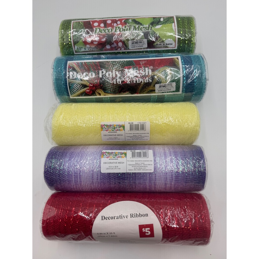 5 Roll Lot Deco Poly Mesh Decorative Ribbon Green Blue Yellow Purple Red Craft